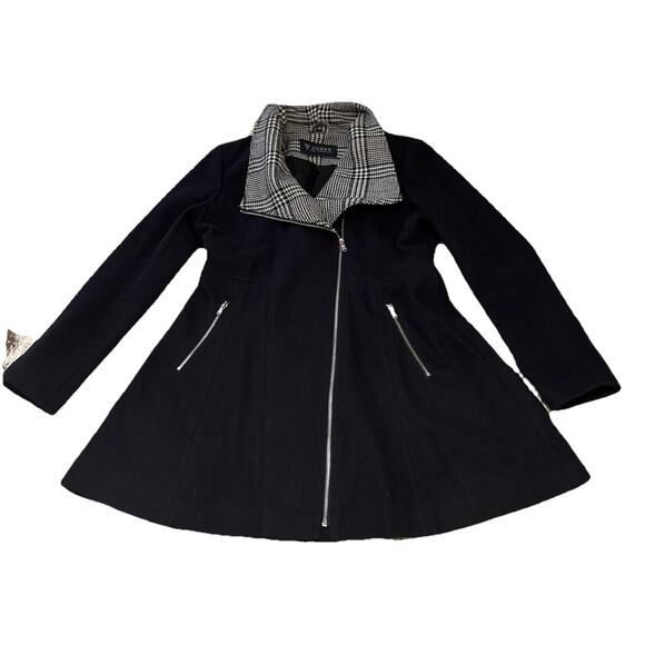 Guess Womens Sz XL BLK Wool Full Zip Up Herringbone Collar Long Tunic Moto Coat - Picture 1 of 15